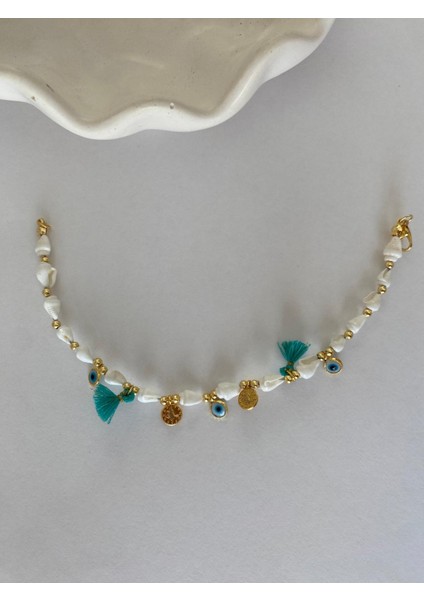 Nazar Boncuklu Pul Yuvarlak Taşlı Bej Turkuaz Renkli Halhal