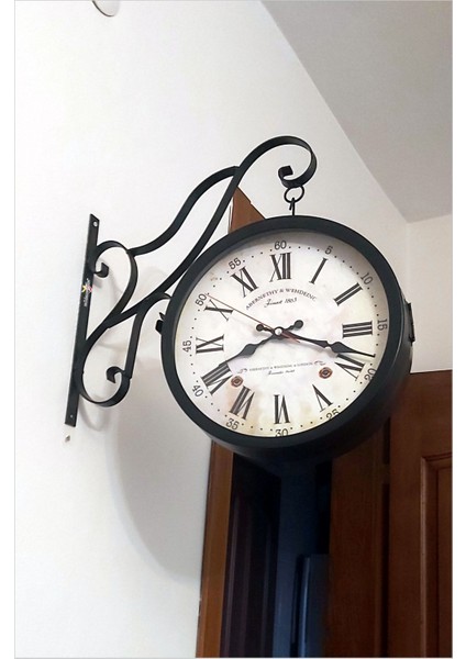 Büyük 45cm Sessiz Yuvarlak Çelik Çift Taraflı Cam Dikey İki Yönlü İstasyon Duvar Saati Station Clock