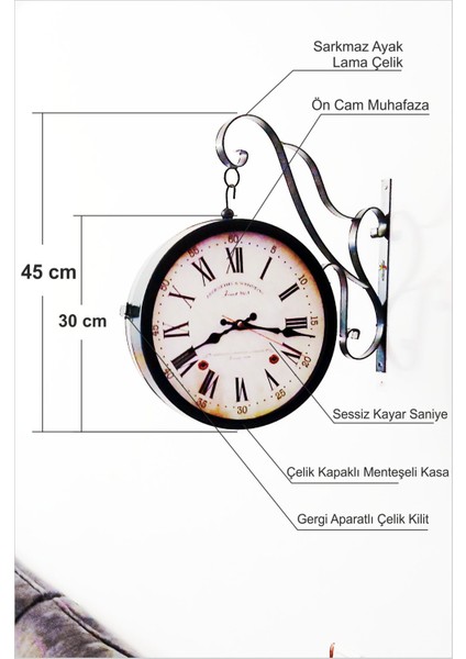 Büyük 45cm Sessiz Yuvarlak Çelik Çift Taraflı Cam Dikey İki Yönlü İstasyon Duvar Saati Station Clock fiyatları