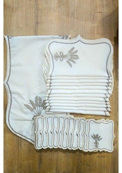 Nerina 25 Parça Lüks Amerikan Servis Runner Sunum Nakışlı Örtü Set Dertsiz 12 Kişilik Çeyizlik Keten