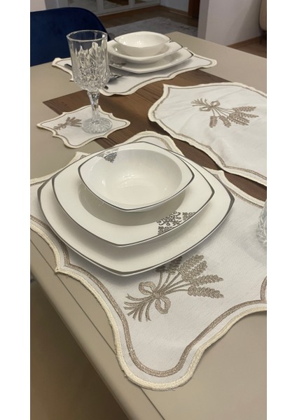 Nerina 25 Parça Lüks Amerikan Servis Runner Sunum Nakışlı Örtü Set Dertsiz 12 Kişilik Çeyizlik Keten fiyatları