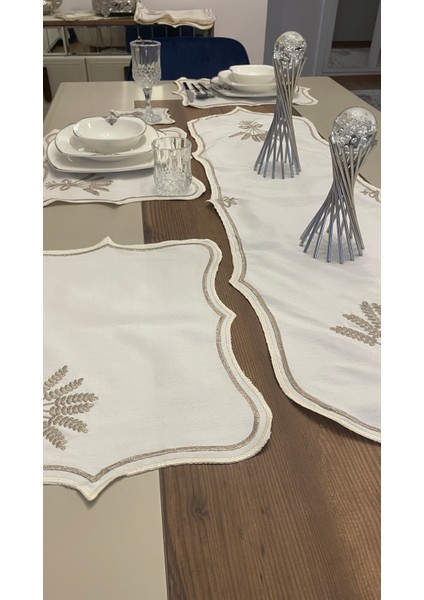 Nerina 25 Parça Lüks Amerikan Servis Runner Sunum Nakışlı Örtü Set Dertsiz 12 Kişilik Çeyizlik Keten