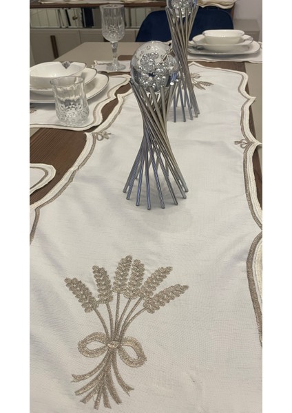 Nerina 25 Parça Lüks Amerikan Servis Runner Sunum Nakışlı Örtü Set Dertsiz 12 Kişilik Çeyizlik Keten