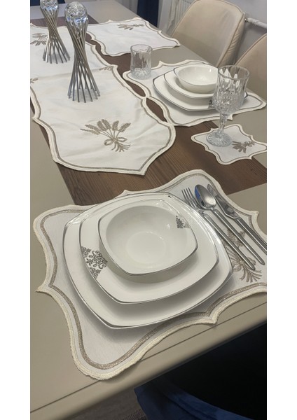 Nerina 25 Parça Lüks Amerikan Servis Runner Sunum Nakışlı Örtü Set Dertsiz 12 Kişilik Çeyizlik Keten