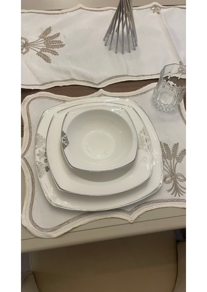 Nerina 25 Parça Lüks Amerikan Servis Runner Sunum Nakışlı Örtü Set Dertsiz 12 Kişilik Çeyizlik Keten