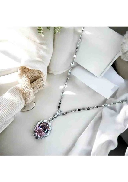 Zirkon Taşlı Oval Çelik Kolye