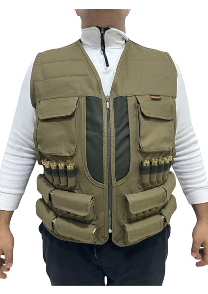 Avcı Yeleği - 50 Fişek Kapasiteli - Koyu Haki Üzerine Haki Kumaş - 12 Kalibre