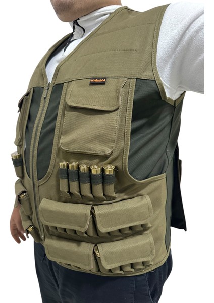 Avcı Yeleği - 50 Fişek Kapasiteli - Koyu Haki Üzerine Haki Kumaş - 12 Kalibre modelleri