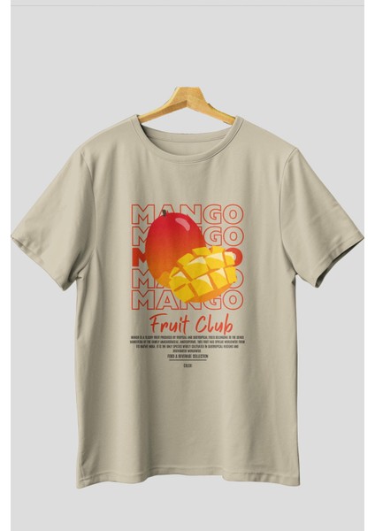 Mango Ön Baskılı Bej Oversize T-Shirt Erkek Kadın Pamuk Bisiklet Yaka Tişort