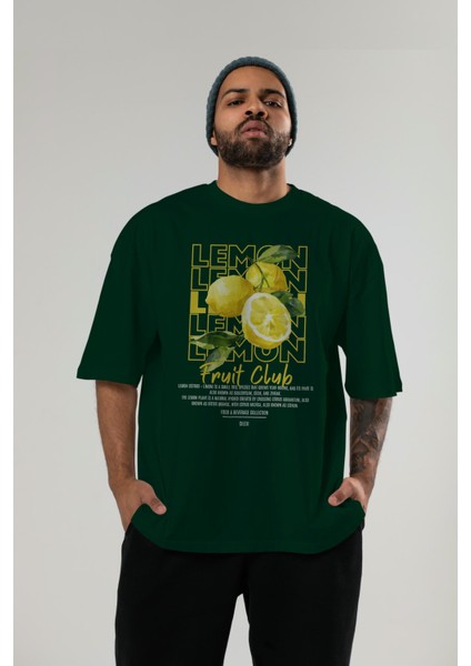 Lemon Ön Baskılı Yeşil Oversize T-Shirt Erkek Kadın Pamuk Bisiklet Yaka Tişort