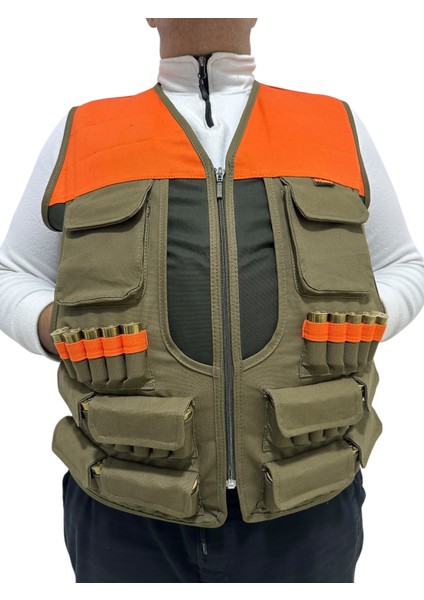 Avcı Yeleği - 50 Fişek Kapasiteli - Koyu Haki Üzerine Haki Kumaş - Turuncu Omuzlu -12KALİBRE fiyatları