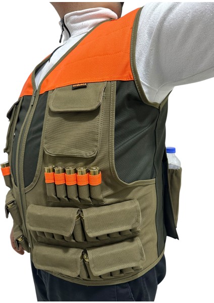 Avcı Yeleği - 50 Fişek Kapasiteli - Koyu Haki Üzerine Haki Kumaş - Turuncu Omuzlu -12KALİBRE modelleri