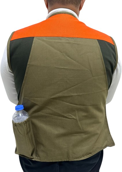 Avcı Yeleği - 50 Fişek Kapasiteli - Koyu Haki Üzerine Haki Kumaş - Turuncu Omuzlu -12KALİBRE fırsatları