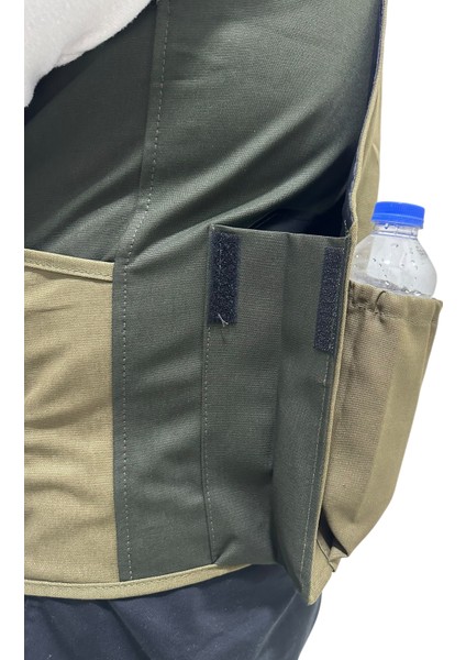 Avcı Yeleği - 50 Fişek Kapasiteli - Koyu Haki Üzerine Haki Kumaş - Turuncu Omuzlu -12KALİBRE indirimleri