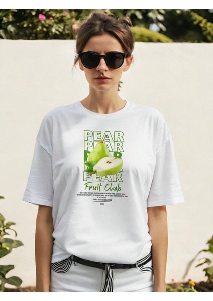 Pear Ön Baskılı Beyaz Oversize T-Shirt Erkek Kadın Pamuk Bisiklet Yaka Tişort