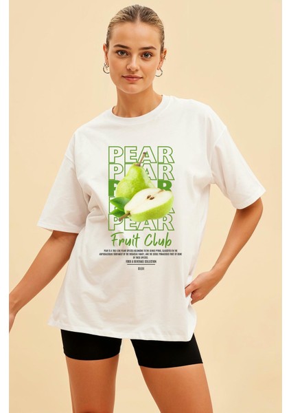 Pear Ön Baskılı Beyaz Oversize T-Shirt Erkek Kadın Pamuk Bisiklet Yaka Tişort fiyatları