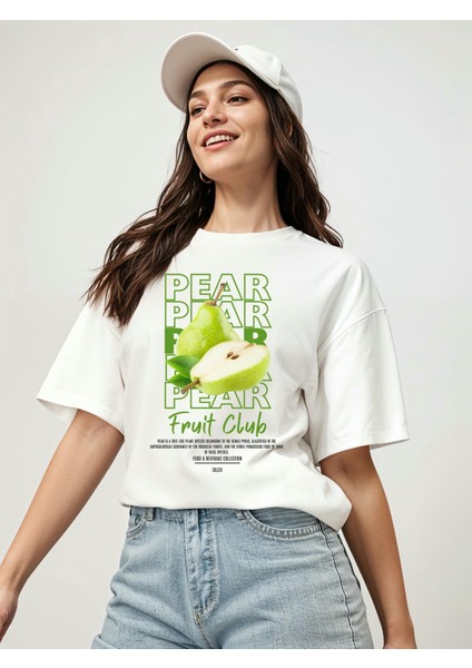 Pear Ön Baskılı Beyaz Oversize T-Shirt Erkek Kadın Pamuk Bisiklet Yaka Tişort fırsatları