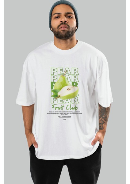 Pear Ön Baskılı Beyaz Oversize T-Shirt Erkek Kadın Pamuk Bisiklet Yaka Tişort indirimleri