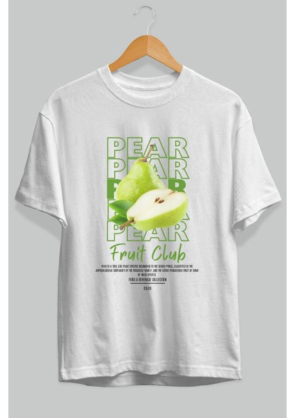 Pear Ön Baskılı Beyaz Oversize T-Shirt Erkek Kadın Pamuk Bisiklet Yaka Tişort