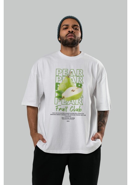 Pear Ön Baskılı Beyaz Oversize T-Shirt Erkek Kadın Pamuk Bisiklet Yaka Tişort