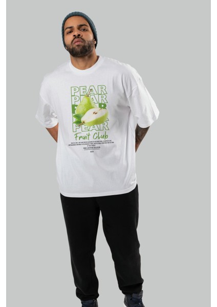 Pear Ön Baskılı Beyaz Oversize T-Shirt Erkek Kadın Pamuk Bisiklet Yaka Tişort