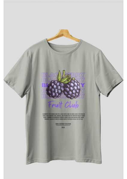 Blackberry Ön Baskılı Gri Oversize T-Shirt Erkek Kadın Pamuk Bisiklet Yaka Tişort