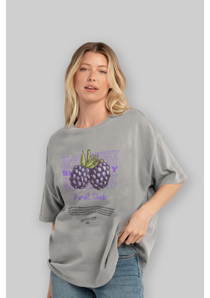 Blackberry Ön Baskılı Gri Oversize T-Shirt Erkek Kadın Pamuk Bisiklet Yaka Tişort fırsatları