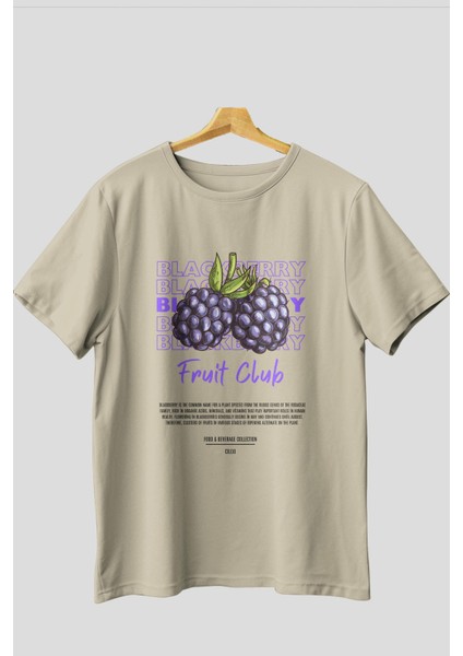 Blackberry Ön Baskılı Bej Oversize T-Shirt Erkek Kadın Pamuk Bisiklet Yaka Tişort