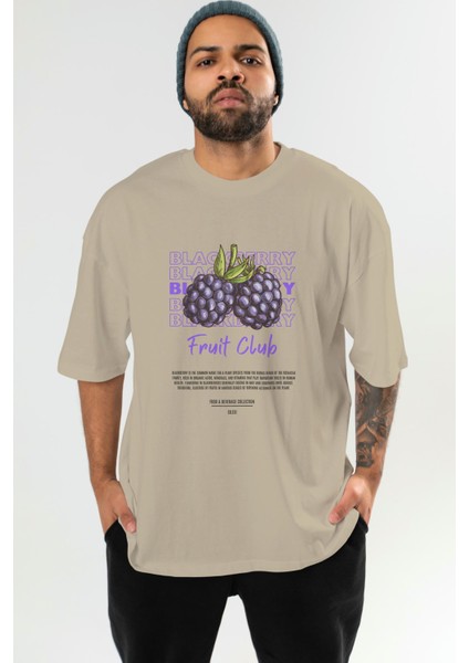 Blackberry Ön Baskılı Bej Oversize T-Shirt Erkek Kadın Pamuk Bisiklet Yaka Tişort fiyatları
