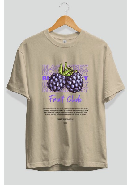 Blackberry Ön Baskılı Bej Oversize T-Shirt Erkek Kadın Pamuk Bisiklet Yaka Tişort modelleri