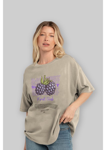 Blackberry Ön Baskılı Bej Oversize T-Shirt Erkek Kadın Pamuk Bisiklet Yaka Tişort fırsatları