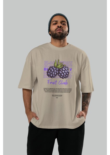 Blackberry Ön Baskılı Bej Oversize T-Shirt Erkek Kadın Pamuk Bisiklet Yaka Tişort indirimleri