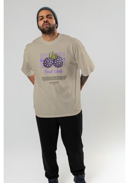 Blackberry Ön Baskılı Bej Oversize T-Shirt Erkek Kadın Pamuk Bisiklet Yaka Tişort