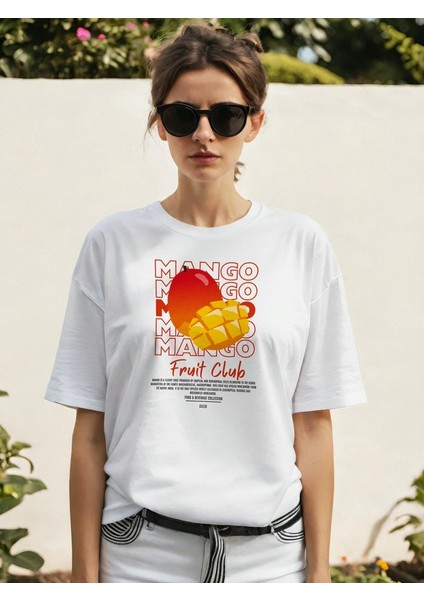 Mango Ön Baskılı Beyaz Oversize T-Shirt Erkek Kadın Pamuk Bisiklet Yaka Tişort