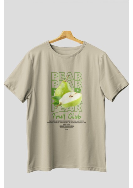 Pear Ön Baskılı Bej Oversize T-Shirt Erkek Kadın Pamuk Bisiklet Yaka Tişort