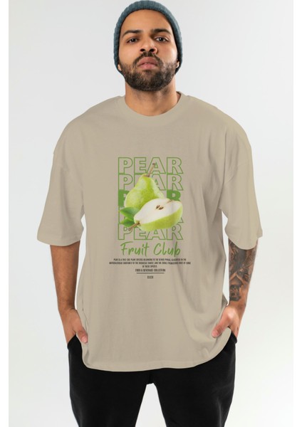 Pear Ön Baskılı Bej Oversize T-Shirt Erkek Kadın Pamuk Bisiklet Yaka Tişort fiyatları