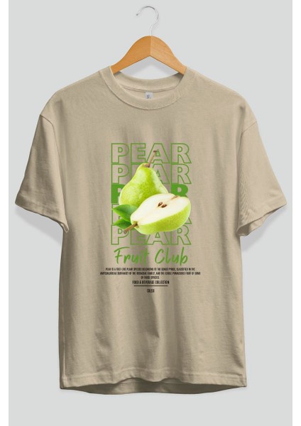 Pear Ön Baskılı Bej Oversize T-Shirt Erkek Kadın Pamuk Bisiklet Yaka Tişort modelleri