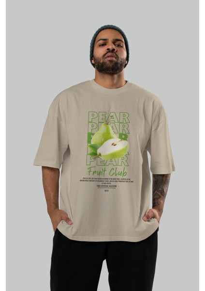 Pear Ön Baskılı Bej Oversize T-Shirt Erkek Kadın Pamuk Bisiklet Yaka Tişort indirimleri