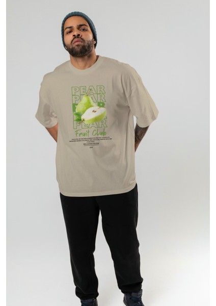 Pear Ön Baskılı Bej Oversize T-Shirt Erkek Kadın Pamuk Bisiklet Yaka Tişort
