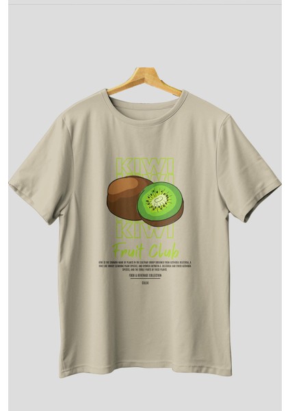 Kiwi Ön Baskılı Bej Oversize T-Shirt Erkek Kadın Pamuk Bisiklet Yaka Tişort