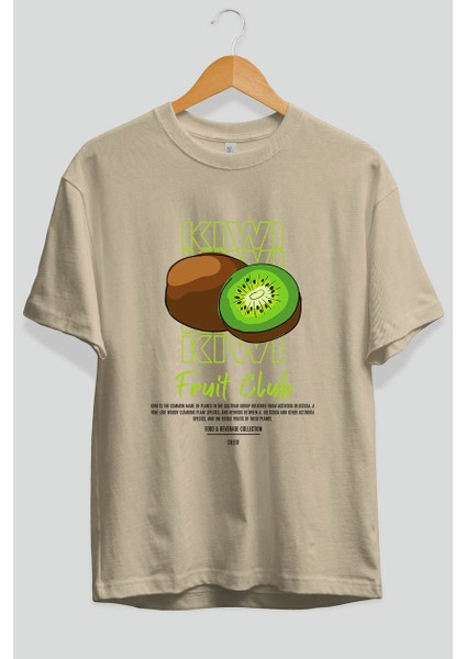 Kiwi Ön Baskılı Bej Oversize T-Shirt Erkek Kadın Pamuk Bisiklet Yaka Tişort modelleri