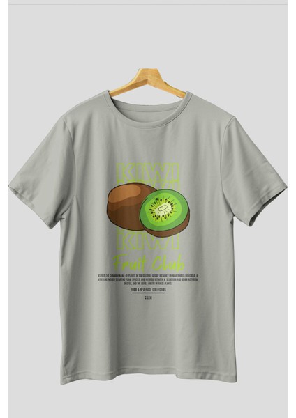 Kiwi Ön Baskılı Gri Oversize T-Shirt Erkek Kadın Pamuk Bisiklet Yaka Tişort