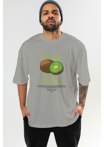 Kiwi Ön Baskılı Gri Oversize T-Shirt Erkek Kadın Pamuk Bisiklet Yaka Tişort fiyatları