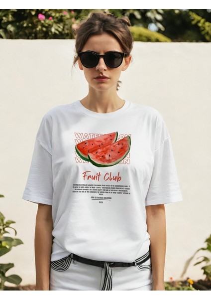 Watermelon Ön Baskılı Beyaz Oversize T-Shirt Erkek Kadın Pamuk Bisiklet Yaka Tişort