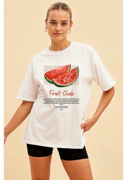 Watermelon Ön Baskılı Beyaz Oversize T-Shirt Erkek Kadın Pamuk Bisiklet Yaka Tişort fiyatları