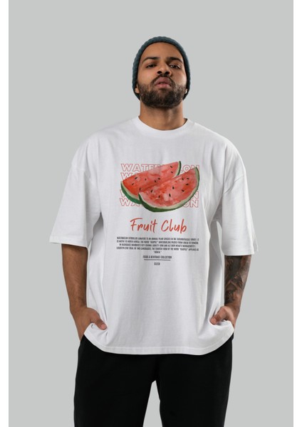Watermelon Ön Baskılı Beyaz Oversize T-Shirt Erkek Kadın Pamuk Bisiklet Yaka Tişort