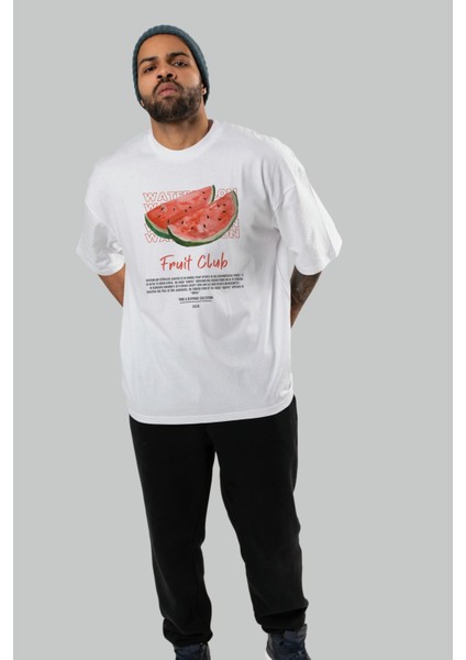 Watermelon Ön Baskılı Beyaz Oversize T-Shirt Erkek Kadın Pamuk Bisiklet Yaka Tişort