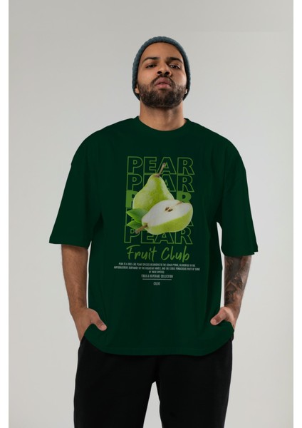 Pear Ön Baskılı Yeşil Oversize T-Shirt Erkek Kadın Pamuk Bisiklet Yaka Tişort