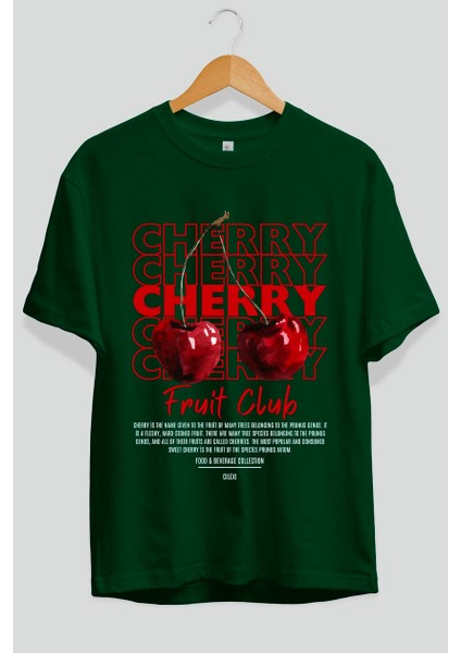Cherry Ön Baskılı Yeşil Oversize T-Shirt Erkek Kadın Pamuk Bisiklet Yaka Tişort fiyatları