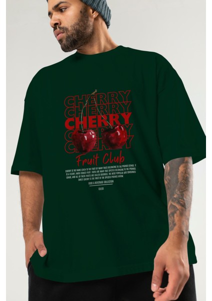 Cherry Ön Baskılı Yeşil Oversize T-Shirt Erkek Kadın Pamuk Bisiklet Yaka Tişort modelleri